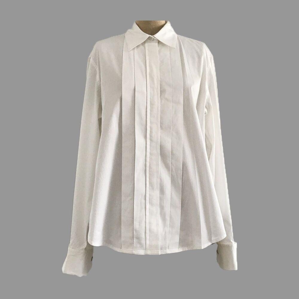 Vintage White Neutral Cotton Long Sleeve Tuxedo Shirt Womens Size L